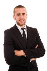 Happy young business man isolated on white background