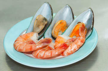 dish with oysters and prawns