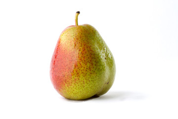 Red and green corella pear on white