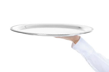 Waiter holding empty silver tray - 31397228