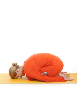 series or yoga photos. young woman relaxing in pranama pose on y