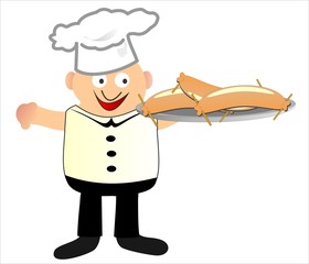 cook and sausage, funny vector icon