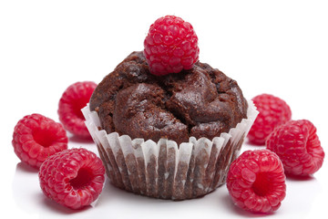 chocolate muffin with raspberry isolated
