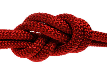 Double red rope tied  in a figure eight knot.