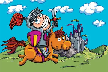 Photo sur Plexiglas Chevaliers Chevalier de dessin animé mignon sur un cheval