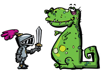 Cartoon knight in armour facing a dragon