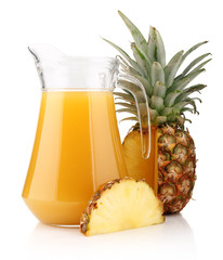 Jug of pineapple juice with fruits isolated