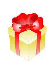 Golden present box with red ribbon bow. Vector illustration