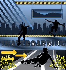 Urban vector composition with city skyline an skateboarder silou