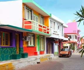 Poster kleurrijke Caribische huizen tropisch Isla Mujeres © lunamarina