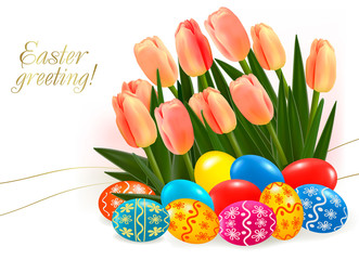 Background with Easter eggs with pink tulip flowers.