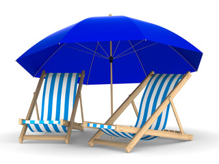 Two deckchair and parasol on white background. Isolated 3D image