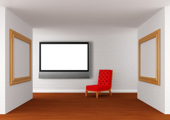 gallery's hall with chair and lcd tv