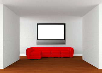 Gallery's hall with red sofa with flat TV