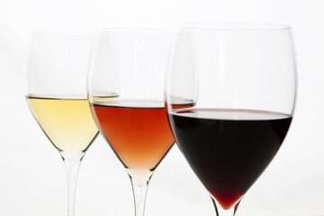 Three colors of wine. Red, rose and white.