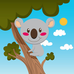 Naklejka premium Little koala smiling on a high tree branch enjoying nature