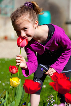 fillette qui sent une tulipe