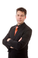 Businessman is looking at camera over white background