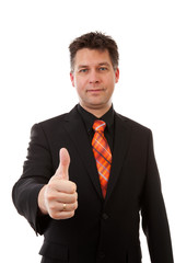 Businessman is pleased, thumbs up over white background