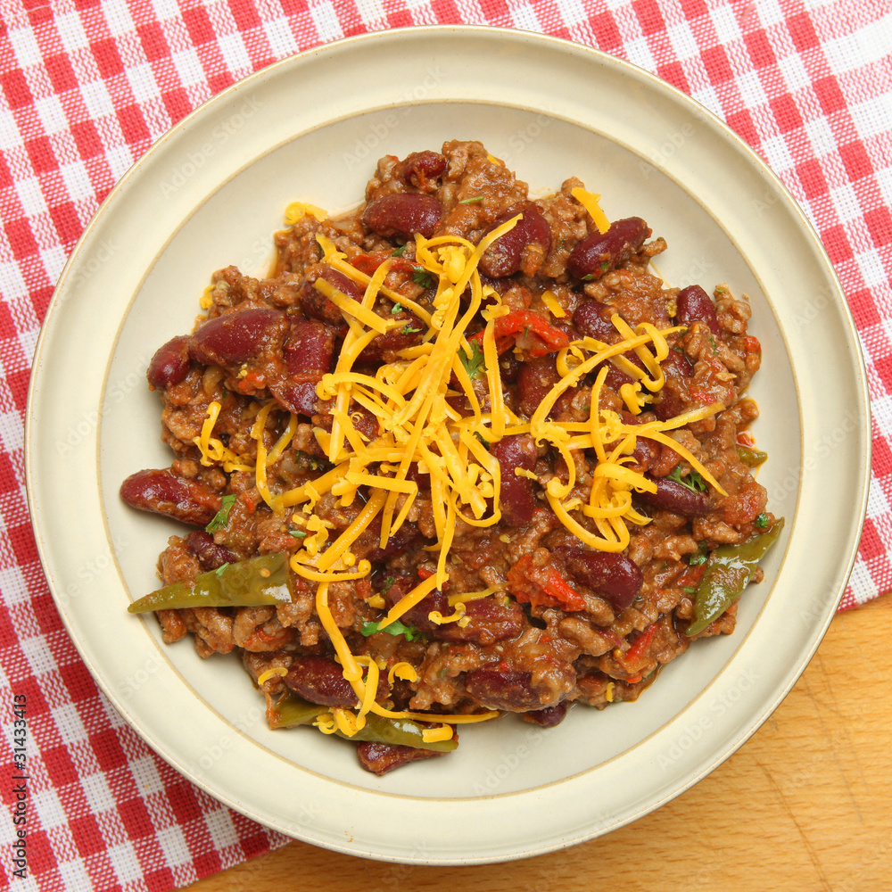 Sticker bowl of beef chili with cheese