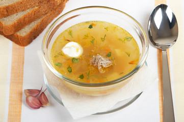 Homemade soup in a glass dish
