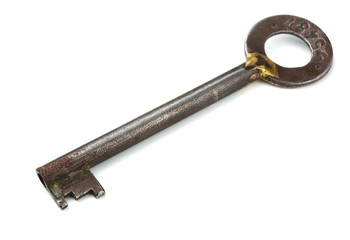 Old rusty safe key isolated on white