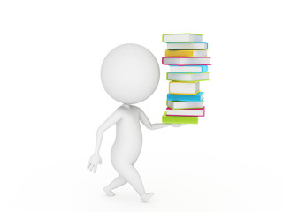 3d rendered little guy walking with a pile of books