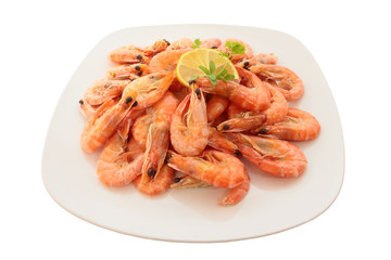 Cooked shrimp on a large plate. Isolated on white