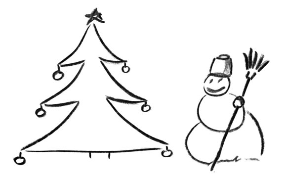 Pencil sketch of Christmas tree and snowman