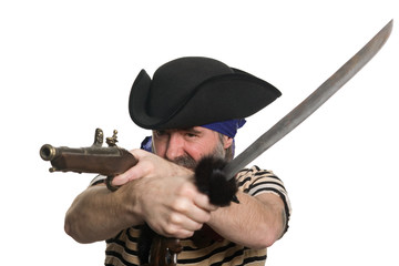 Pirate tricorn hat with a musket and sword.