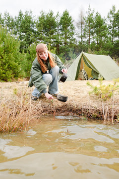 Camping Woman Tent Washing Dishes Nature