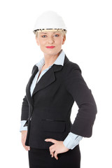 Happy mature engineer woman.