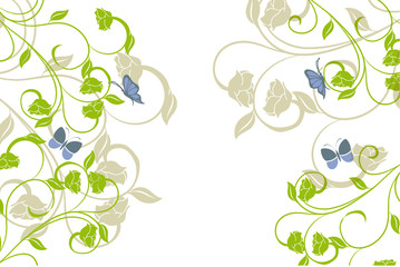 floral verte et papillons bleus