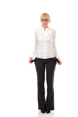 business woman showing empty pockets  isolated on white