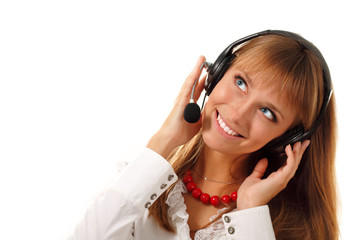 Fototapeta premium Support phone operator in headset looking up corner isolated on