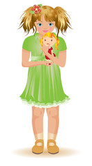 Little girl with red haired dolly, vector illustration