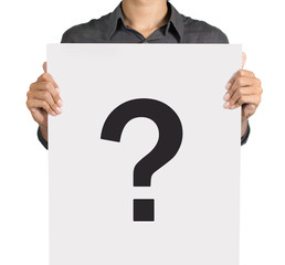 young man and question mark on white board