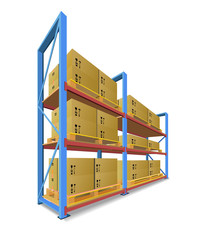 Storage racks with boxes. - obrazy, fototapety, plakaty