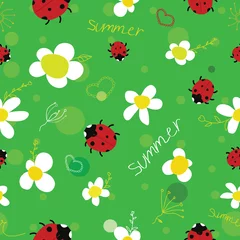 Abwaschbare Fototapete Marienkäfer nahtloser grüner Sommerhintergrund mit Taschen und Blumen