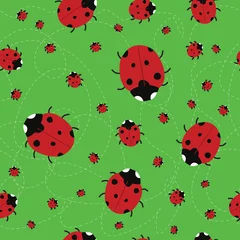 Wall murals Ladybugs seamless green background with Ladybirds