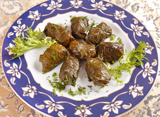 vine leaves stuffed with rice (dolmades served on a plate)