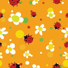 Wall murals Ladybugs seamless orange summer background with bags and flowers