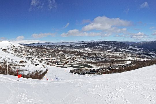 Panoramic view of ski route in bright winter day