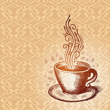 Vector hand drawn coffee cup on a damask pattern