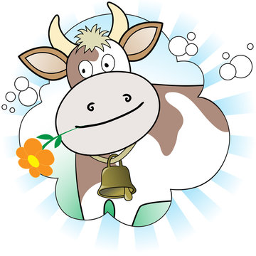cow with an orange flower in radiant white and blue background