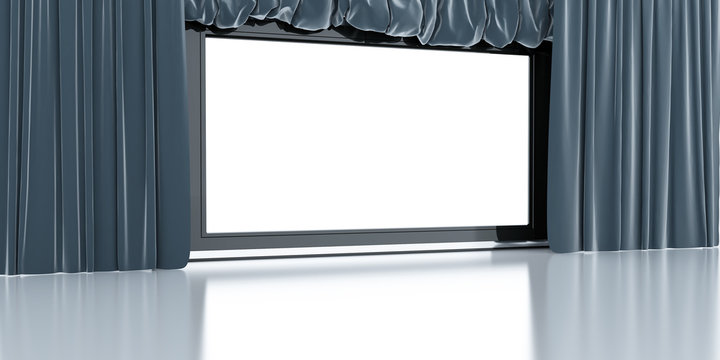 Empty White Modern Screen With Blue Curtains Around