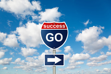 GO to SUCCESS sign on White, fluffy clouds in blue sky collage