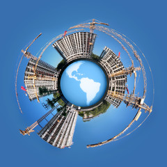 circle Panorama of building of an housing estate on globe Earth
