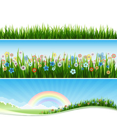 Obraz premium Thre Spring banners with grass, flowers and sun.