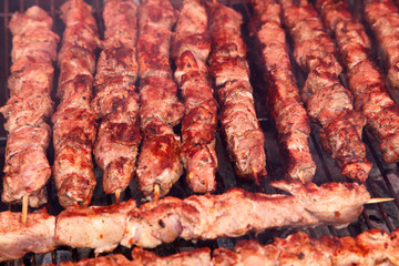 delicious crispy shashlik, slices of meat on skewers, picnic